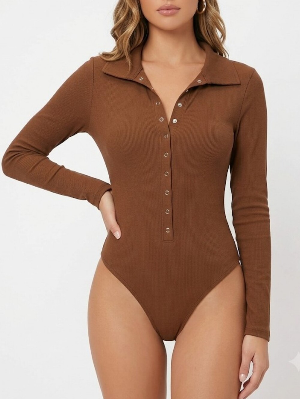 OQQ Ribbed Long-Sleeve Polo Bodysuit in Chocolate Brown